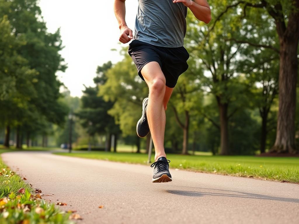 Läufer mit kräftigerer Statur beim ruhigen, gelenkschonenden Lauf im Park