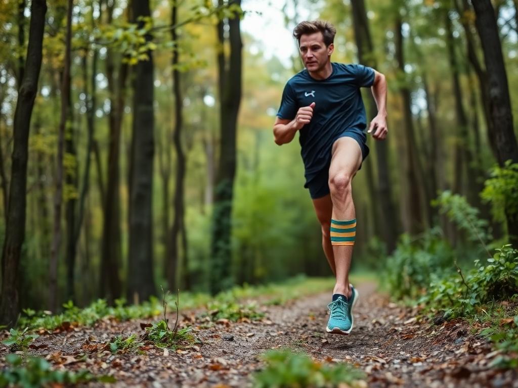 Läufer mit Tape am Knie beim kontrollierten Comeback-Lauf im Wald