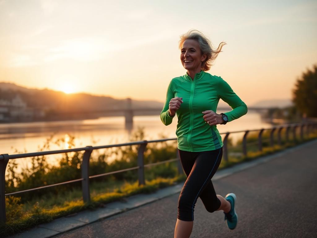 Läuferin um die 50 joggt am Rhein in Basel im Morgenlicht
